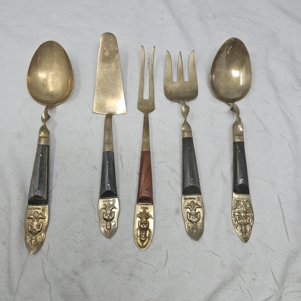 Vtg  Siam Thailand Brass  serving Fork & 2  Spoon, Pie Servire, Meat Server‎